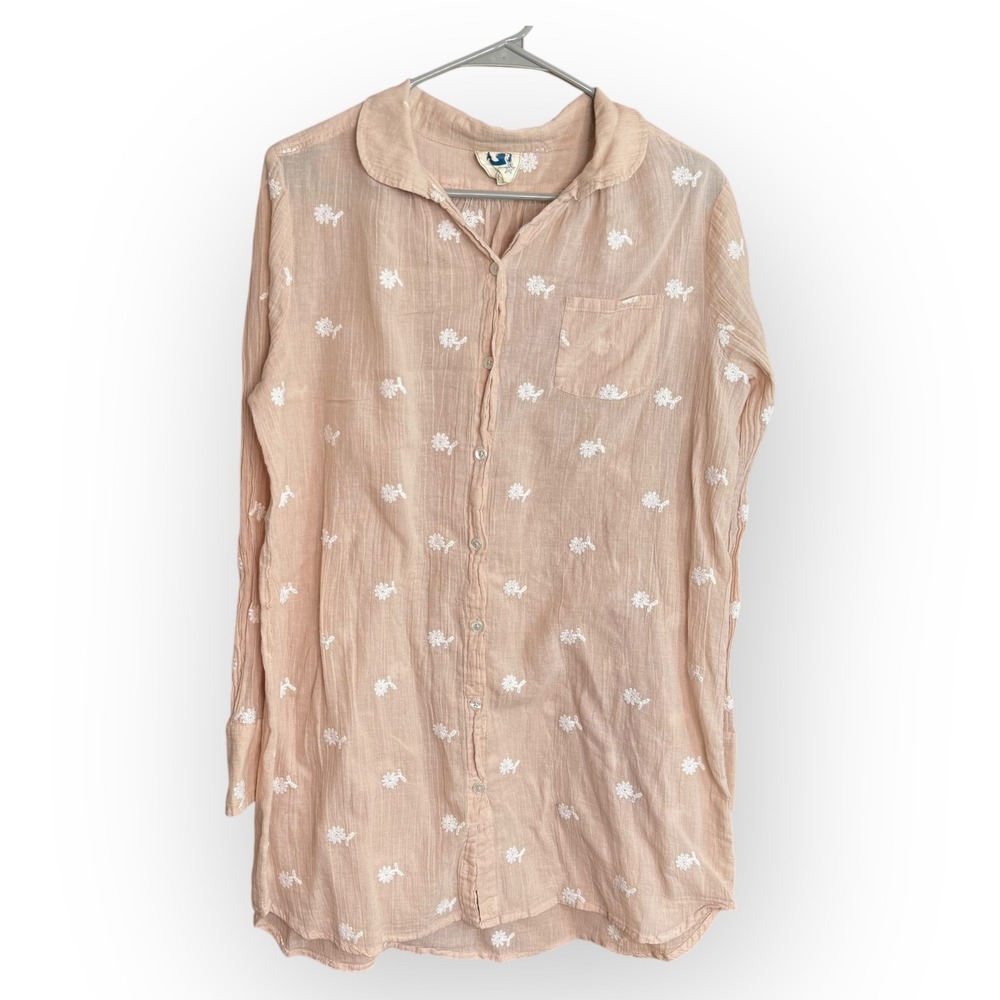 Anthropologie Mermaid Embroidered Button Down Tan Shirt Dress Small